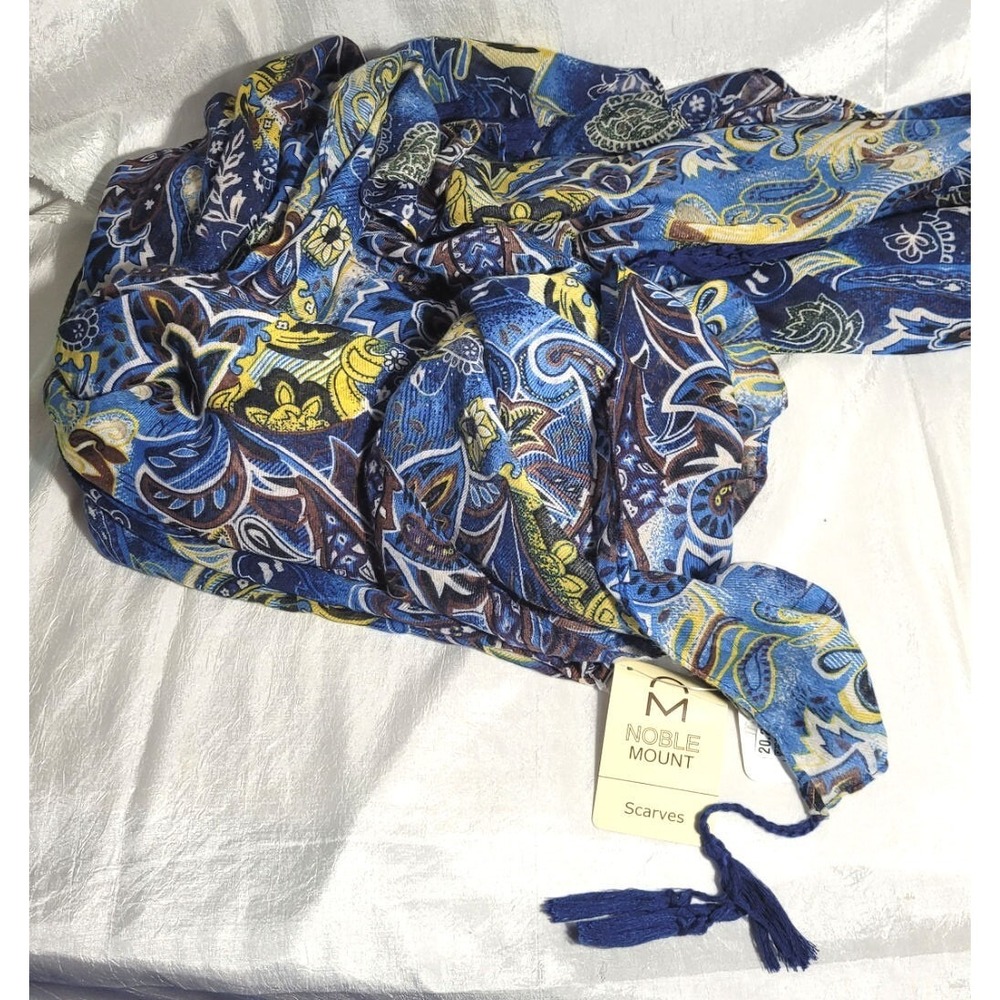 Noble Mount 57" Square 100% Polyester‎ Scarf with Tassel Corners - Blue Paisley